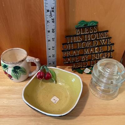 Vintage plaque, cup and bowl with insulator