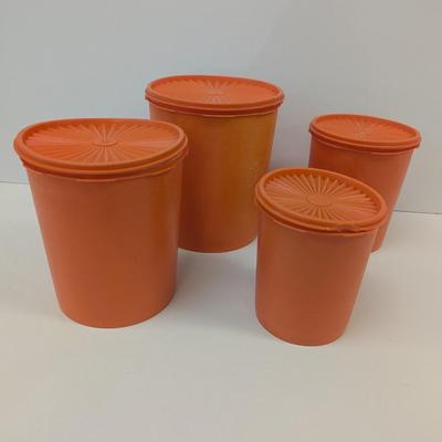 Tupperware Plastic Orange Canister Storage Bins With Lids