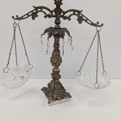 Vintage Hollywood Regency Crystal Castmetal & Marble Balancing Scales Of Justice
