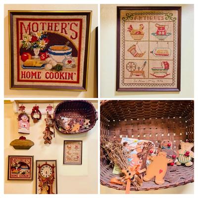 LOT 32: Grandma's Country Kitchen Decor Collection Including Needlework Wall Art, Gingerbread Men Ornaments Basket and Much More