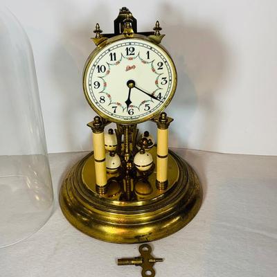 LOT48: Vintage/Antique Schalz German Made Mechanical Aniversary Clock with Glass Dome and Key