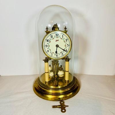 LOT48: Vintage/Antique Schalz German Made Mechanical Aniversary Clock with Glass Dome and Key