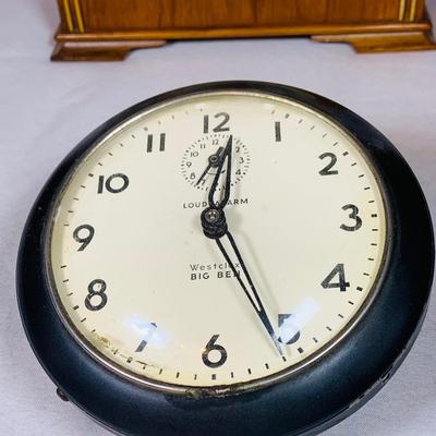 LOT 50: Art Deco/MCM Clocks - Suevia Wood Box Clock with Key and Wesclock Mechanical Alarm Clock