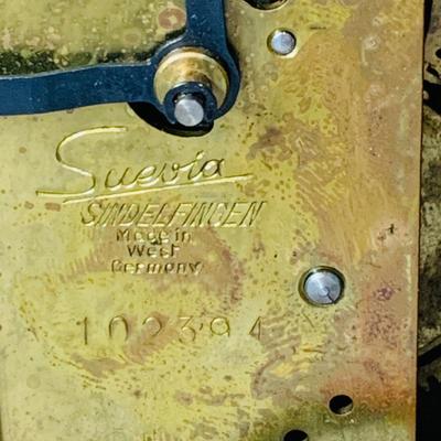 LOT 50: Art Deco/MCM Clocks - Suevia Wood Box Clock with Key and Wesclock Mechanical Alarm Clock