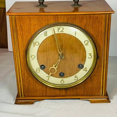 LOT 50: Art Deco/MCM Clocks - Suevia Wood Box Clock with Key and Wesclock Mechanical Alarm Clock