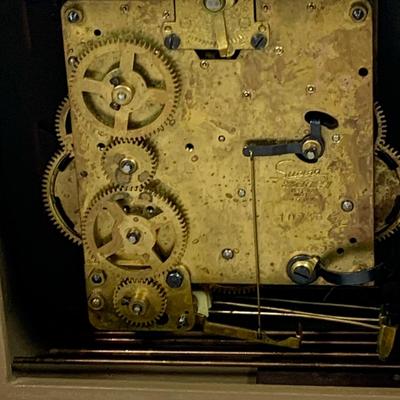 LOT 50: Art Deco/MCM Clocks - Suevia Wood Box Clock with Key and Wesclock Mechanical Alarm Clock