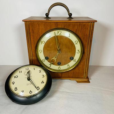 LOT 50: Art Deco/MCM Clocks - Suevia Wood Box Clock with Key and Wesclock Mechanical Alarm Clock