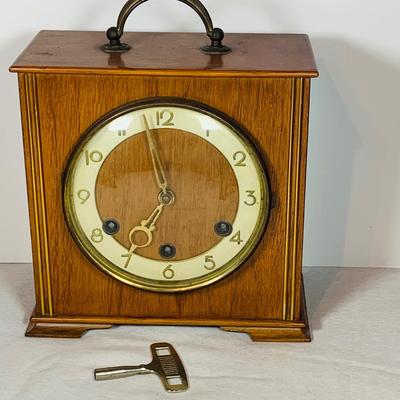 LOT 50: Art Deco/MCM Clocks - Suevia Wood Box Clock with Key and Wesclock Mechanical Alarm Clock
