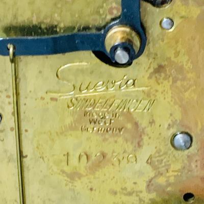 LOT 50: Art Deco/MCM Clocks - Suevia Wood Box Clock with Key and Wesclock Mechanical Alarm Clock