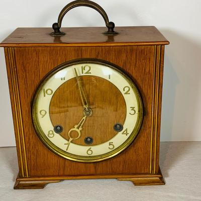 LOT 50: Art Deco/MCM Clocks - Suevia Wood Box Clock with Key and Wesclock Mechanical Alarm Clock