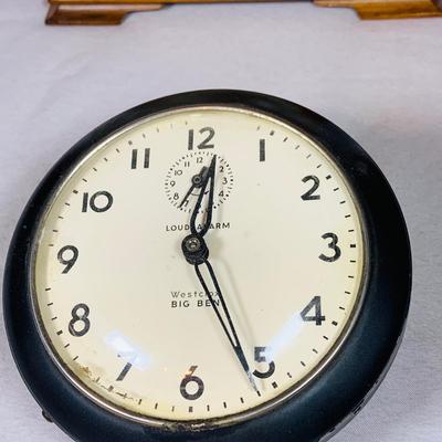 LOT 50: Art Deco/MCM Clocks - Suevia Wood Box Clock with Key and Wesclock Mechanical Alarm Clock