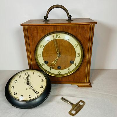 LOT 50: Art Deco/MCM Clocks - Suevia Wood Box Clock with Key and Wesclock Mechanical Alarm Clock