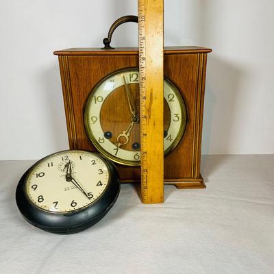 LOT 50: Art Deco/MCM Clocks - Suevia Wood Box Clock with Key and Wesclock Mechanical Alarm Clock