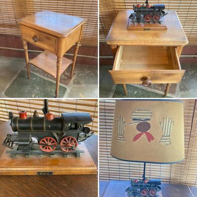 LOT 57: Vintage Kling Wooden Side Table with PRR Locomotive Lamp