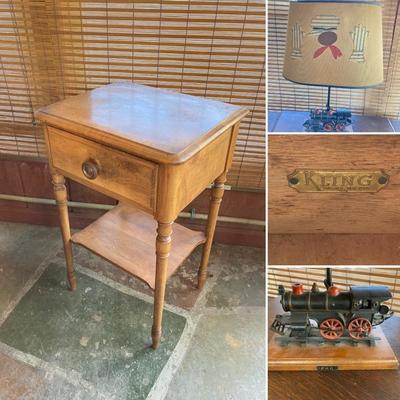 LOT 57: Vintage Kling Wooden Side Table with PRR Locomotive Lamp
