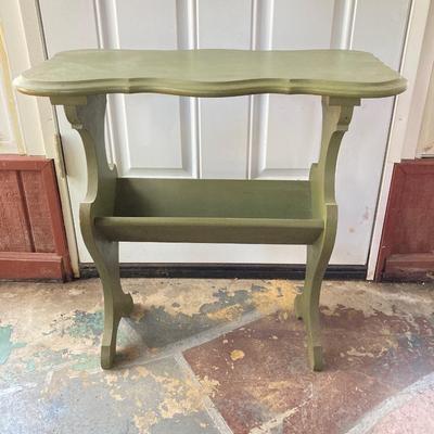 LOT 61: Vintage Marble Base Brass Table Lamp with Green Tole Shade and Painted Wood Book Holder / End Table