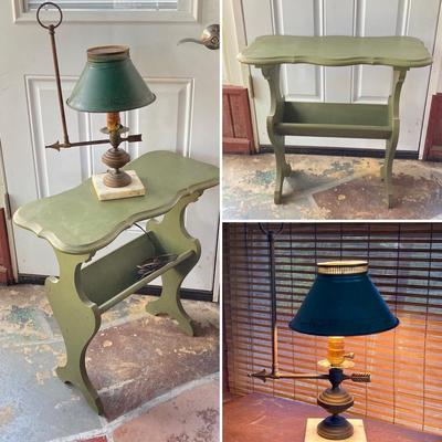 LOT 61: Vintage Marble Base Brass Table Lamp with Green Tole Shade and Painted Wood Book Holder / End Table