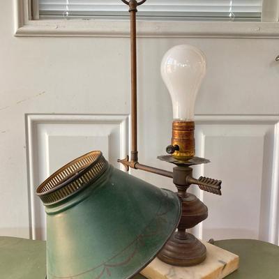 LOT 61: Vintage Marble Base Brass Table Lamp with Green Tole Shade and Painted Wood Book Holder / End Table