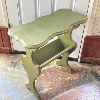 LOT 61: Vintage Marble Base Brass Table Lamp with Green Tole Shade and Painted Wood Book Holder / End Table