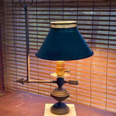 LOT 61: Vintage Marble Base Brass Table Lamp with Green Tole Shade and Painted Wood Book Holder / End Table