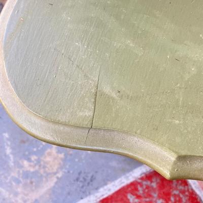 LOT 61: Vintage Marble Base Brass Table Lamp with Green Tole Shade and Painted Wood Book Holder / End Table