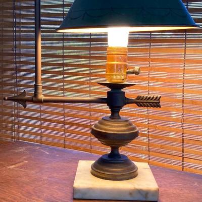 LOT 61: Vintage Marble Base Brass Table Lamp with Green Tole Shade and Painted Wood Book Holder / End Table