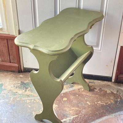 LOT 61: Vintage Marble Base Brass Table Lamp with Green Tole Shade and Painted Wood Book Holder / End Table