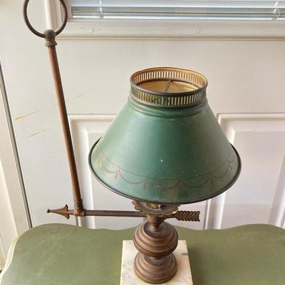 LOT 61: Vintage Marble Base Brass Table Lamp with Green Tole Shade and Painted Wood Book Holder / End Table
