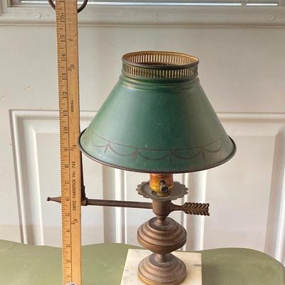 LOT 61: Vintage Marble Base Brass Table Lamp with Green Tole Shade and Painted Wood Book Holder / End Table