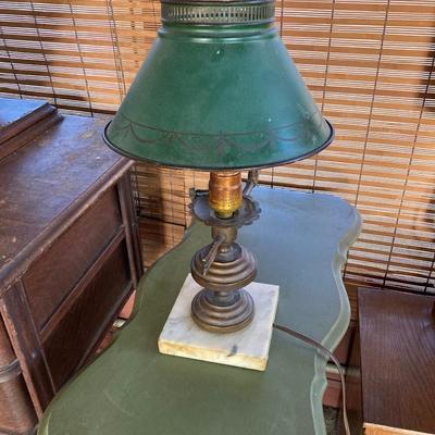LOT 61: Vintage Marble Base Brass Table Lamp with Green Tole Shade and Painted Wood Book Holder / End Table