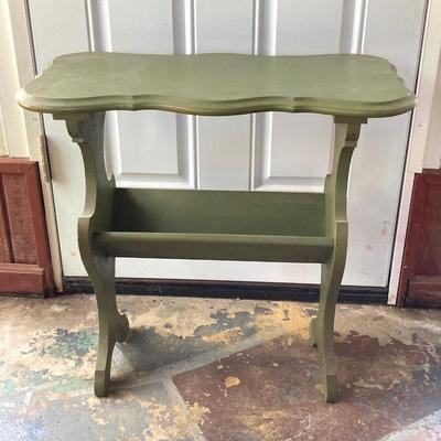 LOT 61: Vintage Marble Base Brass Table Lamp with Green Tole Shade and Painted Wood Book Holder / End Table