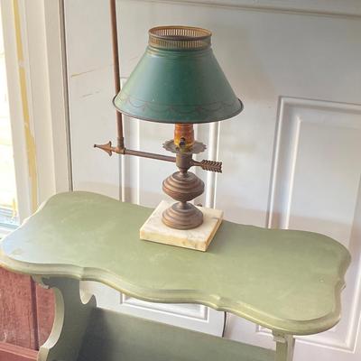 LOT 61: Vintage Marble Base Brass Table Lamp with Green Tole Shade and Painted Wood Book Holder / End Table