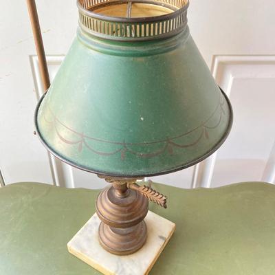 LOT 61: Vintage Marble Base Brass Table Lamp with Green Tole Shade and Painted Wood Book Holder / End Table