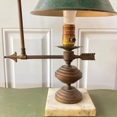 LOT 61: Vintage Marble Base Brass Table Lamp with Green Tole Shade and Painted Wood Book Holder / End Table