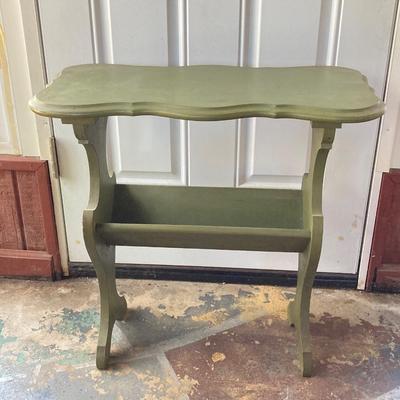 LOT 61: Vintage Marble Base Brass Table Lamp with Green Tole Shade and Painted Wood Book Holder / End Table