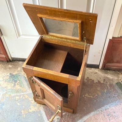 LOT 62: Vintage Wooden Ice Box Cabinet with Dietz Lantern Table Lamp