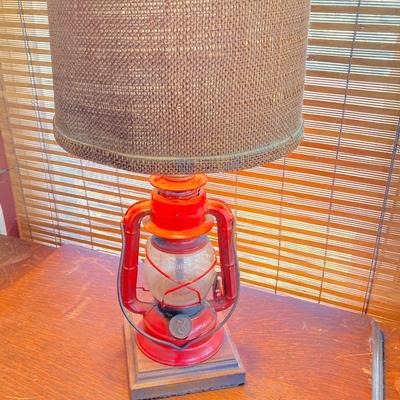 LOT 62: Vintage Wooden Ice Box Cabinet with Dietz Lantern Table Lamp