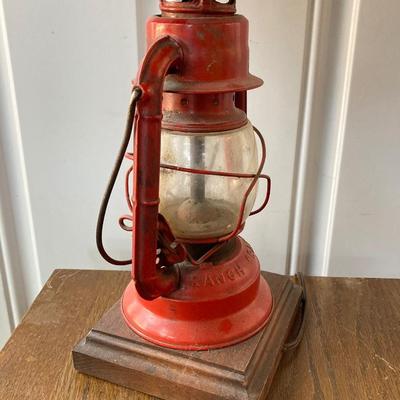 LOT 62: Vintage Wooden Ice Box Cabinet with Dietz Lantern Table Lamp