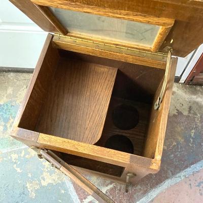 LOT 62: Vintage Wooden Ice Box Cabinet with Dietz Lantern Table Lamp