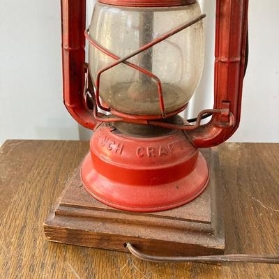 LOT 62: Vintage Wooden Ice Box Cabinet with Dietz Lantern Table Lamp