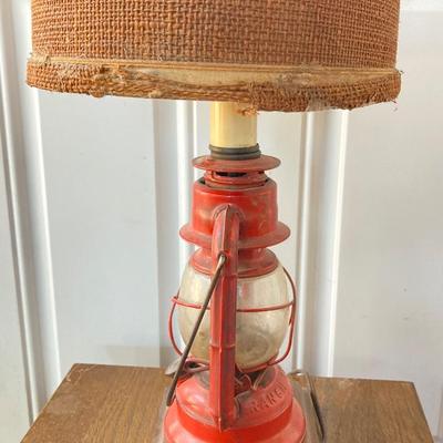 LOT 62: Vintage Wooden Ice Box Cabinet with Dietz Lantern Table Lamp