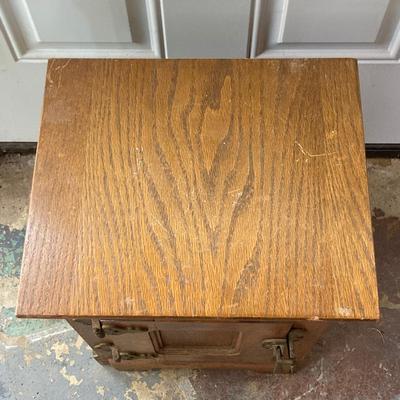 LOT 62: Vintage Wooden Ice Box Cabinet with Dietz Lantern Table Lamp