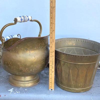LOT 64: Brass Collection - Made in Holland Pitcher / Spittoon, Foundry Collection India Bucket and Fireplace Tools