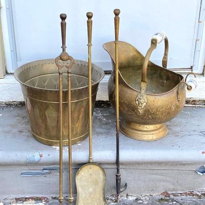 LOT 64: Brass Collection - Made in Holland Pitcher / Spittoon, Foundry Collection India Bucket and Fireplace Tools
