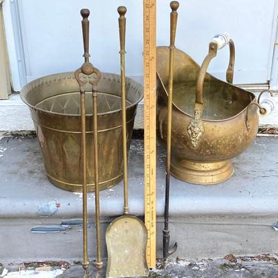 LOT 64: Brass Collection - Made in Holland Pitcher / Spittoon, Foundry Collection India Bucket and Fireplace Tools