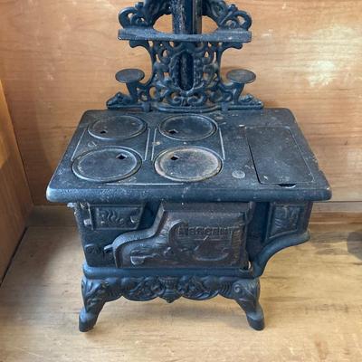 LOT 66: Vintage Miniature Crescent Cast Iron Stove with Cookware