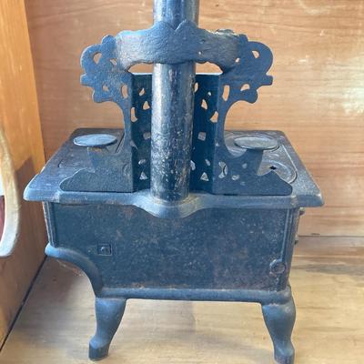 LOT 66: Vintage Miniature Crescent Cast Iron Stove with Cookware