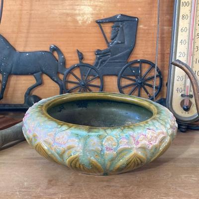 LOT 69: Children's Wooden Bench / Seat with Pottery, Watering Cans, MCM Wood Based Green Glass Vase with Stained Glass Flowers,...