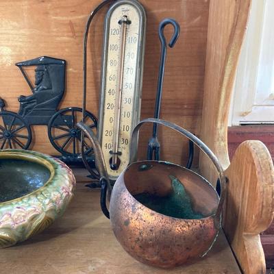 LOT 69: Children's Wooden Bench / Seat with Pottery, Watering Cans, MCM Wood Based Green Glass Vase with Stained Glass Flowers,...