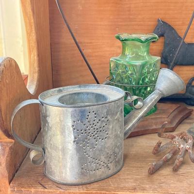 LOT 69: Children's Wooden Bench / Seat with Pottery, Watering Cans, MCM Wood Based Green Glass Vase with Stained Glass Flowers,...